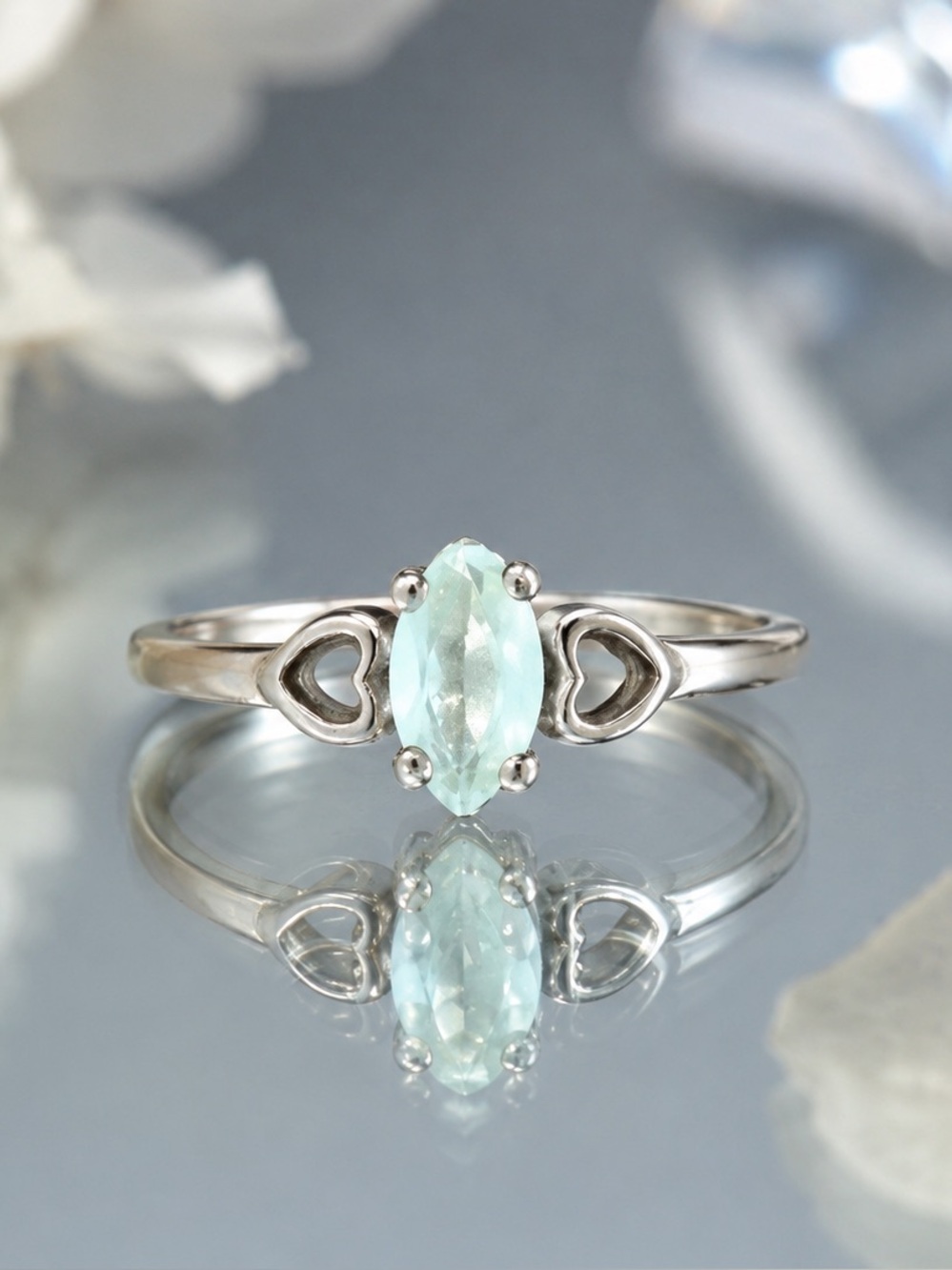 Sterling Silver Aquamarine Ring Moissanite Hearts Size 6.25 Dainty Blue Topaz